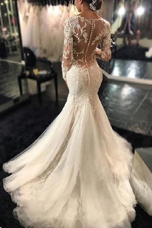 minimalistic dressGorgeous Ivory Long Sleeves Mermaid V-Neck Wedding Dresses With Lace Appliques