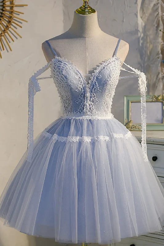 casual summer dressSky Blue Tulle Spaghetti Straps Birthday Party Prom Dress Short Homecoming Dress