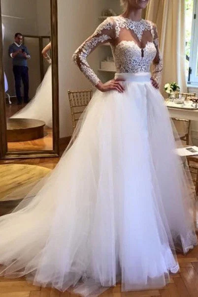 evening dressWhite Tulle Crew Neck Sheer Long Sleeve Lace Accents Bridal Gowns Beach Wedding Dresses