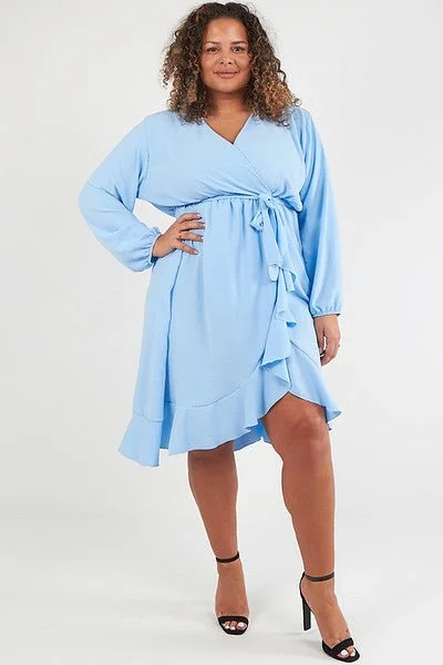Bargain Bin stylish party dressBaby Blue Plus Size Midi Wrap Dress With Ruffle Detail
