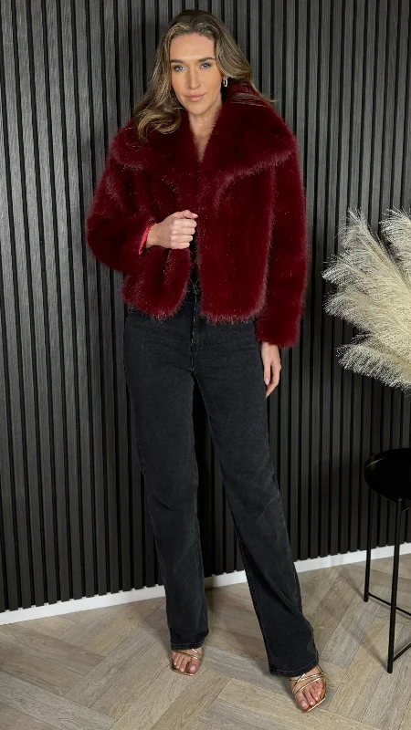 versatile coatValentina Dark Red Collared Fur Jacket