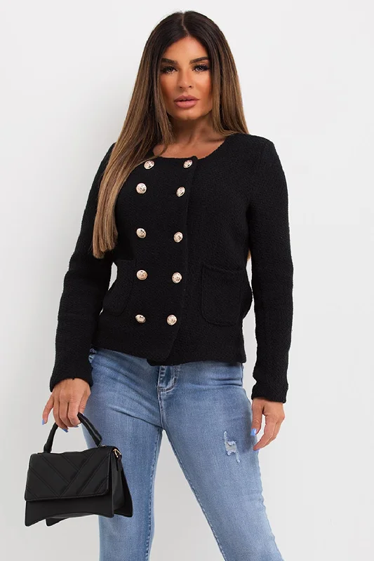 Deal Explosion elegant coatGold Button Tweed Blazer Jacket Black