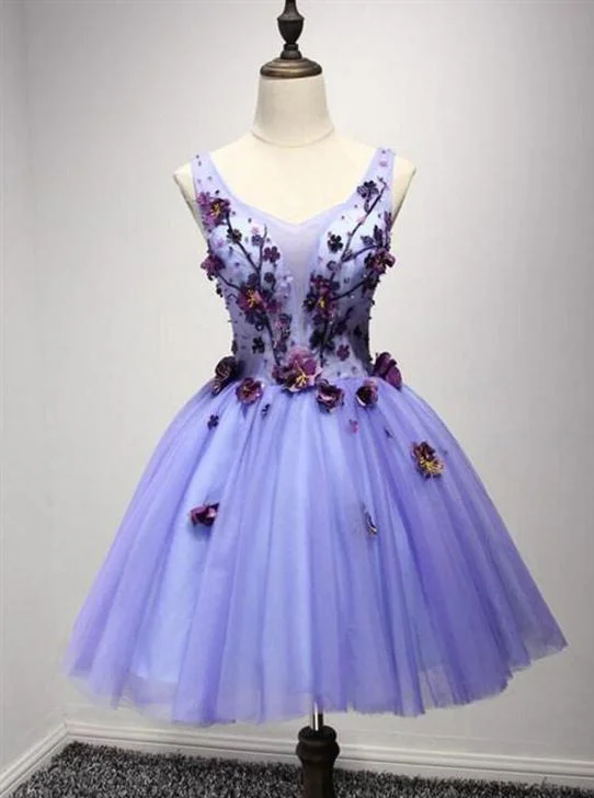 cocktail party dressSweet 16 Dress Lavender Short Prom Dress With Flower Appliques OM132