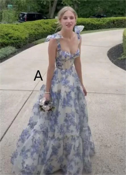 summer dressElegant A-line Floral Long Prom Dresses, Evening Dresses