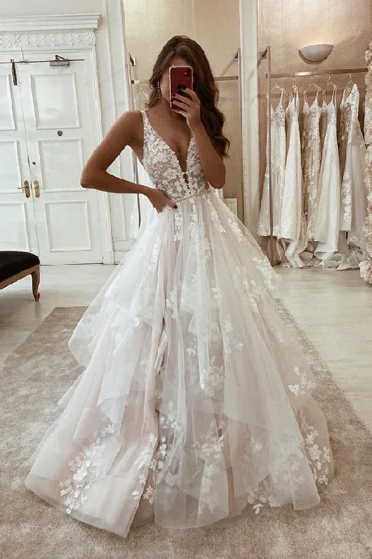 pleated dressCharming A Line V Neck Tulle Wedding Dresses with Appliques N084