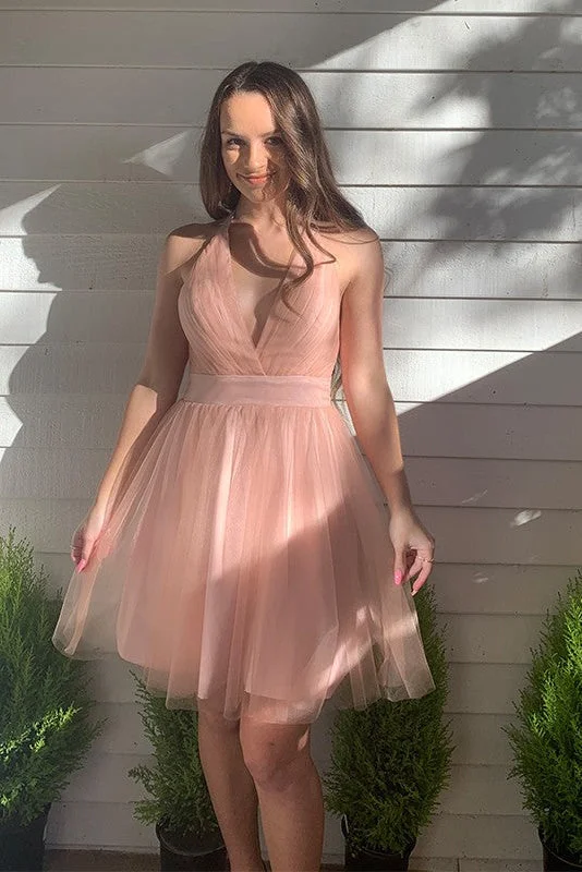 sleeveless dressPink Deep V-Neck Backless Tulle Short Homecoming Dress