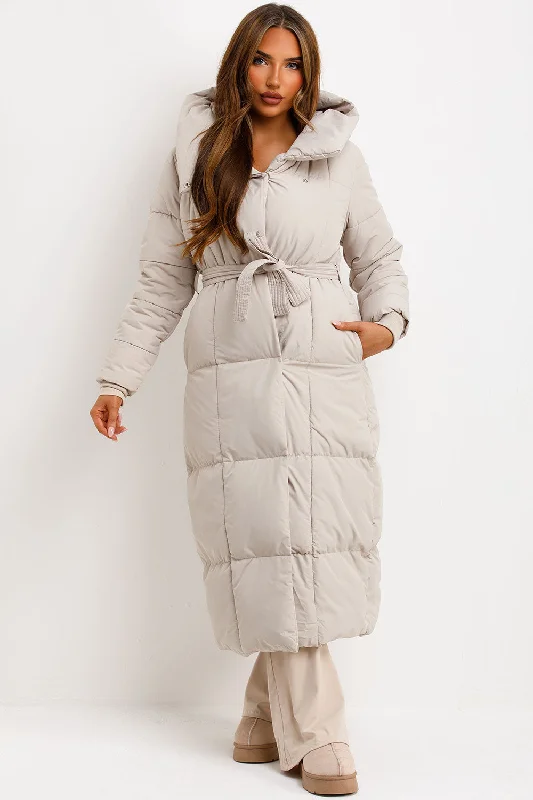 Lowest Price fashionable quilted coatLong Puffer Coat With Hood And Belt Beige