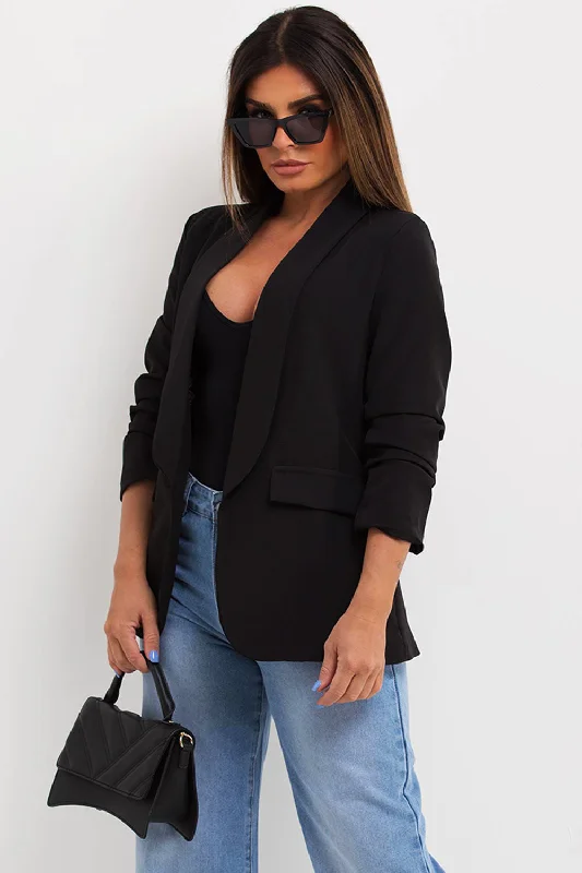 Customer Appreciation Sale fashion-forward coatBlack Ruched Sleeve Blazer
