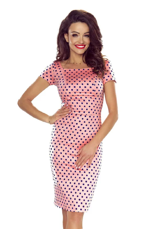 Best Seller v-neck dressBergamo 440-2 Elegant cotton dress with short sleeves - pink with navy blue polka dots Best Seller v-neck dressBergamo 440-2 Elegant cotton dress with short sleeves - pink with navy blue polka dots