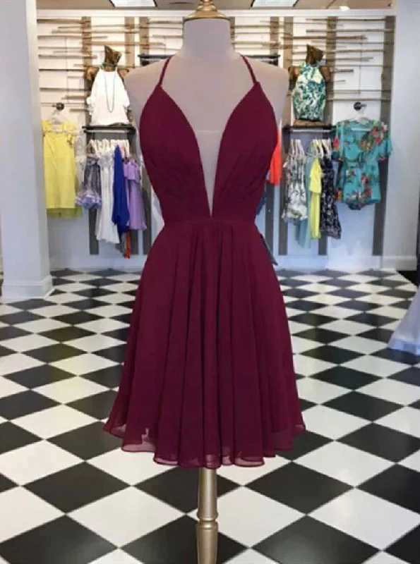 winter dressChiffon Burgundy Short Prom Dress, Lace-up Graduation Homecoming Dress OM439