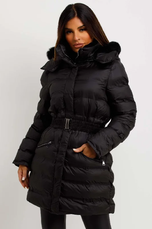 Crazy Deals sleek trench coatPuffer Padded Coat With Fur Hood And Belt Black