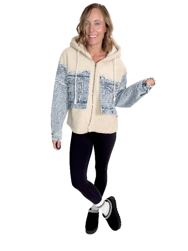 Price Buster fitted coatStride Washed Denim Fleece Jacket- DENIM/OATMEAL