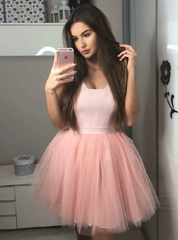 casual midi dressBlush Pink Satin Bodice Short Homecoming Dress With Tulle Pleated Skirt OM283