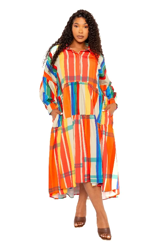 Price Rollback ashionable dressPlaid Puff Sleeve Tiered Shirt Dress