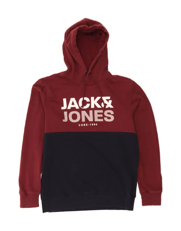 JACK & JONES Mens Graphic Hoodie Jumper Medium Red Colourblock Cotton