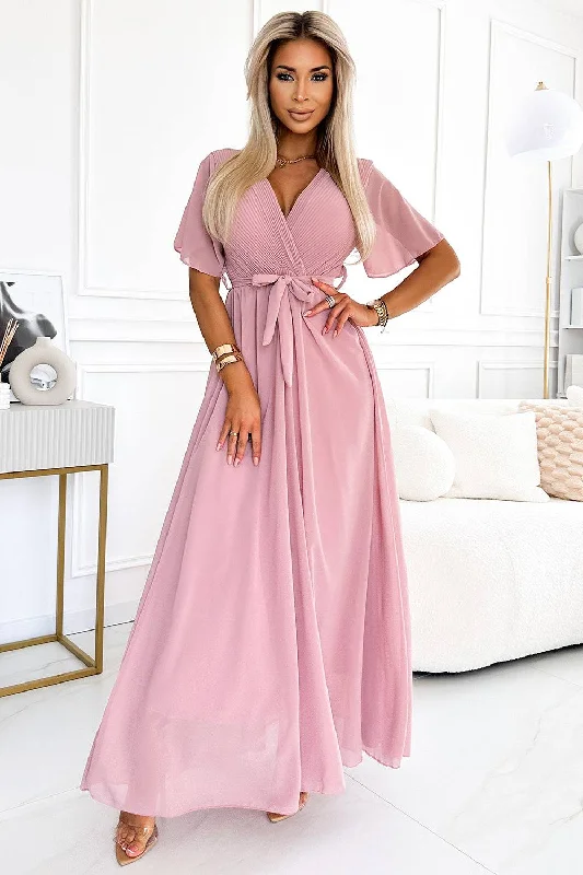 Don't Wait elegant shift dressNumoco Basic 545-1 Long dress with a pleated neckline and ties - powder pink Don't Wait elegant shift dressNumoco Basic 545-1 Long dress with a pleated neckline and ties - powder pink