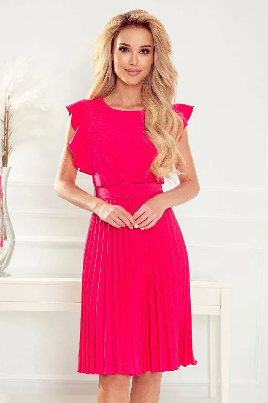 Online Only trendy mini dressNumoco 396-2 LAYLA Pleated dress with a belt - raspberry color Online Only trendy mini dressNumoco 396-2 LAYLA Pleated dress with a belt - raspberry color