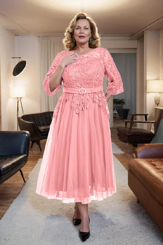 Final Clearance elegant dressBelted 3/4 Sleeves Tulle Tea Length Mother of the Bride Dress Final Clearance elegant dressBelted 3/4 Sleeves Tulle Tea Length Mother of the Bride Dress