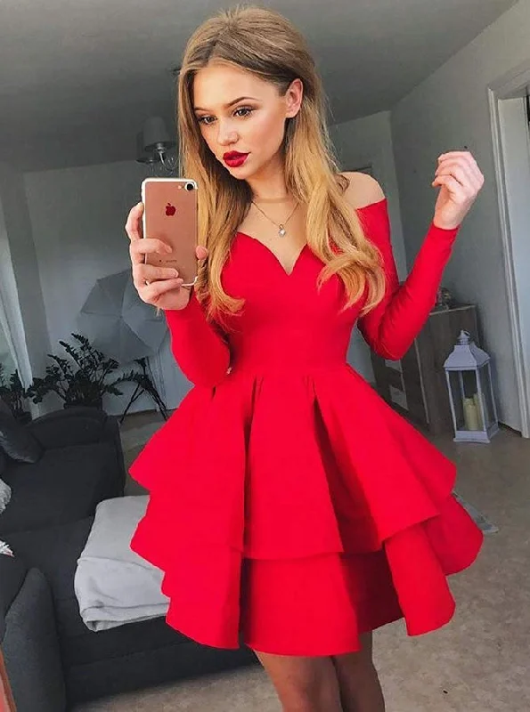 textured dressOff the Shoulder V-neck Tiered Red Long Sleeves Satin Short Prom Dress OM255