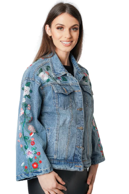 Closeout tailored coatDenim Blue Floral Embroidery Flare Sleeve Jacket
