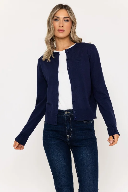 Fantastic Offers Fine Gauge Crew Neck Cardigan in Navy